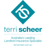 Terri Scheer logo: teal diamond emblem above the brand name, with the tagline 'Australia's Leading Landlord Insurance Specialist' and the website terrischeer.com.au.